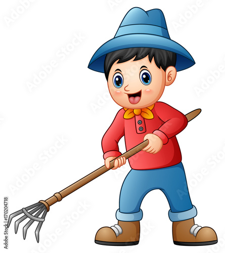 Cartoon little farmer holding a pitchfork