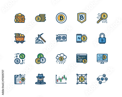 20 Bitcoin icon set, filled outline style
