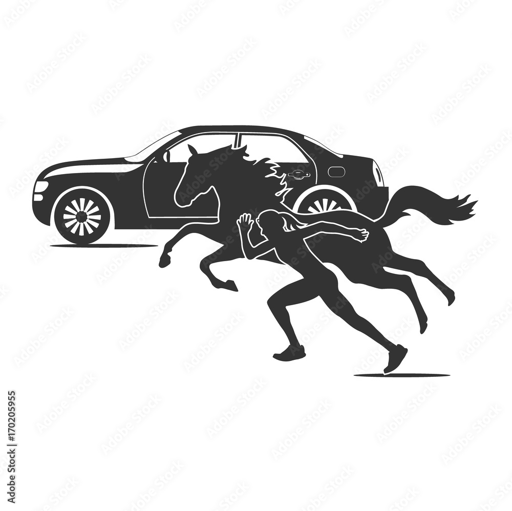 Obraz premium car horse and running girl, speed theme, vector illustration