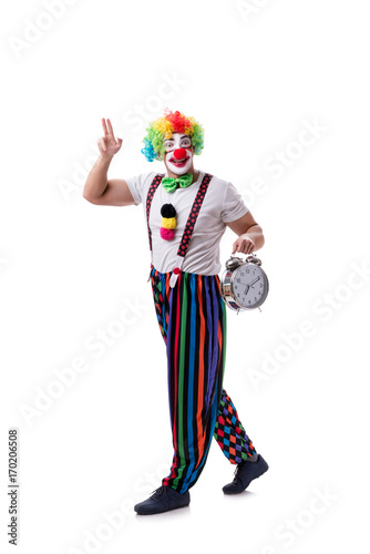 Funny clown with an alarm clock isolated on white background