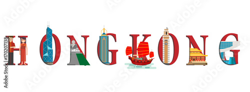 Travel infographic.Hongkong infographic, Hongkong  lettering and famous landmarks ,Discover China concept.