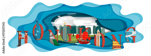 Travel infographic.Hongkong infographic,Hongkong lettering and famous Paris , Hongkong paper art concept.