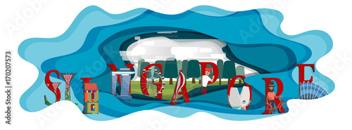 Travel infographic.Singapore infographic,Singapore lettering and famous landmarks , Singapore paper art concept.