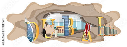 Travel infographic.Dubai infographic,Dubai lettering and famous landmarks , Dubai paper art concept.