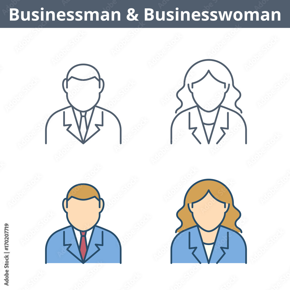 Occupations colorful avatar set: businessman, businesswoman. Flat line professions userpic collection. Vector thin outline icons for user profiles, web design, social networks and infographics.