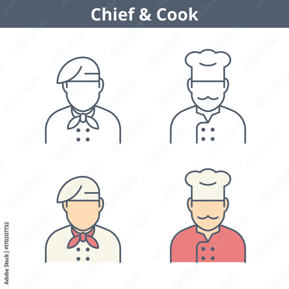 Occupations colorful avatar set: cook, chef, baker. Flat line professions userpic collection. Vector color thin outline icons for user profiles, web design, social networks and infographics. Occupations colorful avatar set: cook, chef, baker. Flat line professions userpic collection. Vector color thin outline icons for user profiles, web design, social networks and infographics.