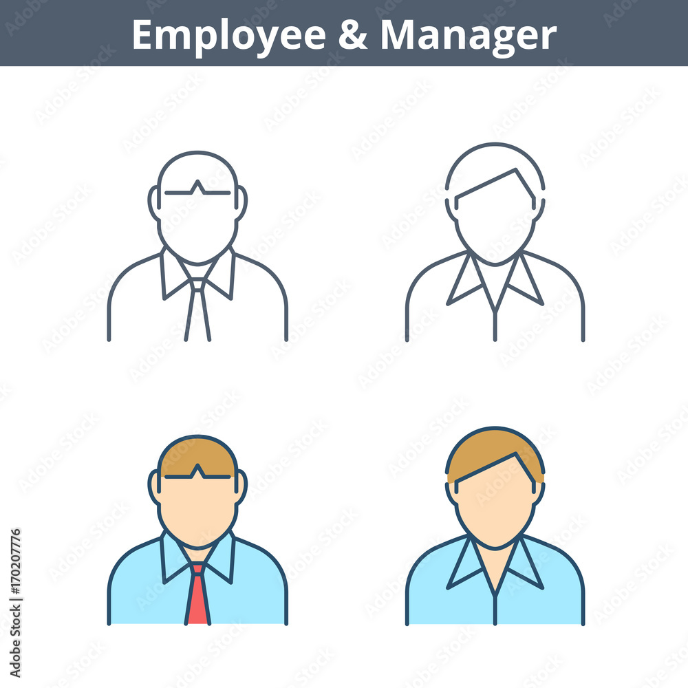 Occupations colorful avatar set: clerk, employee, manager. Flat line professions userpic collection. Vector thin outline icons for user profiles, web design, social networks and infographics.
Occupations colorful avatar set: clerk, employee, manager. Flat line professions userpic collection. Vector thin outline icons for user profiles, web design, social networks and infographics.