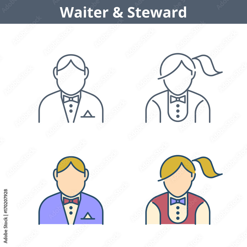 Occupations colorful avatar set: waiter, steward. Flat line professions userpic collection. Vector color thin outline icons for user profiles, web design, social networks and infographics.