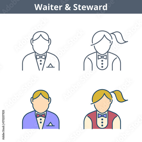 Occupations colorful avatar set: waiter, steward. Flat line professions userpic collection. Vector color thin outline icons for user profiles, web design, social networks and infographics.