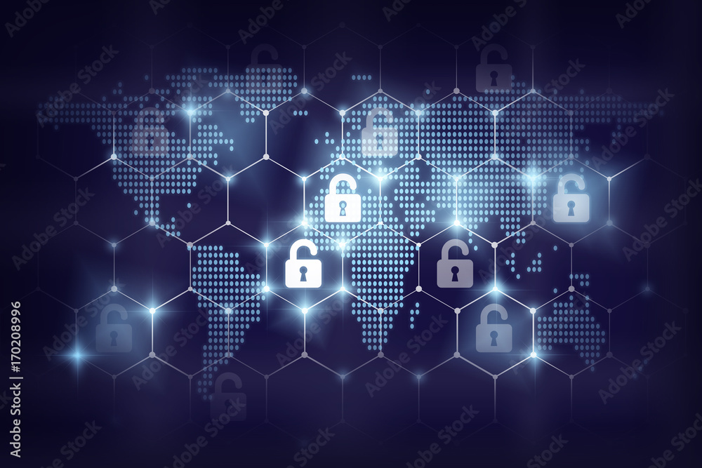 Security key lock icon digital display over the world map and Hexagon shape on dark blue background, business technology securities concept Security key lock icon digital display over the world map and Hexagon shape on dark blue background, business technology securities concept