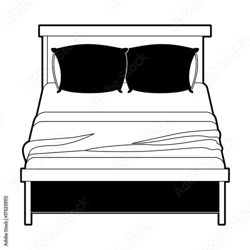 bed wooden with blanket and pair pillows black color section silhouette on white background