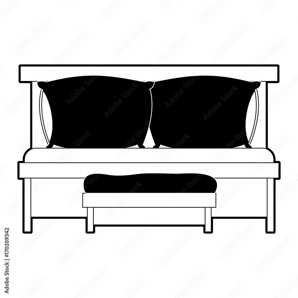 sofa bed with double pillows and wooden chair black color section silhouette on white background sofa bed with double pillows and wooden chair black color section silhouette on white background