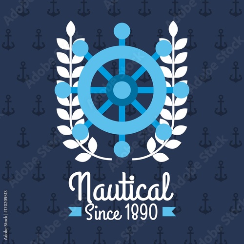 steering wheel ship nautical emblem design blue background vector illustration