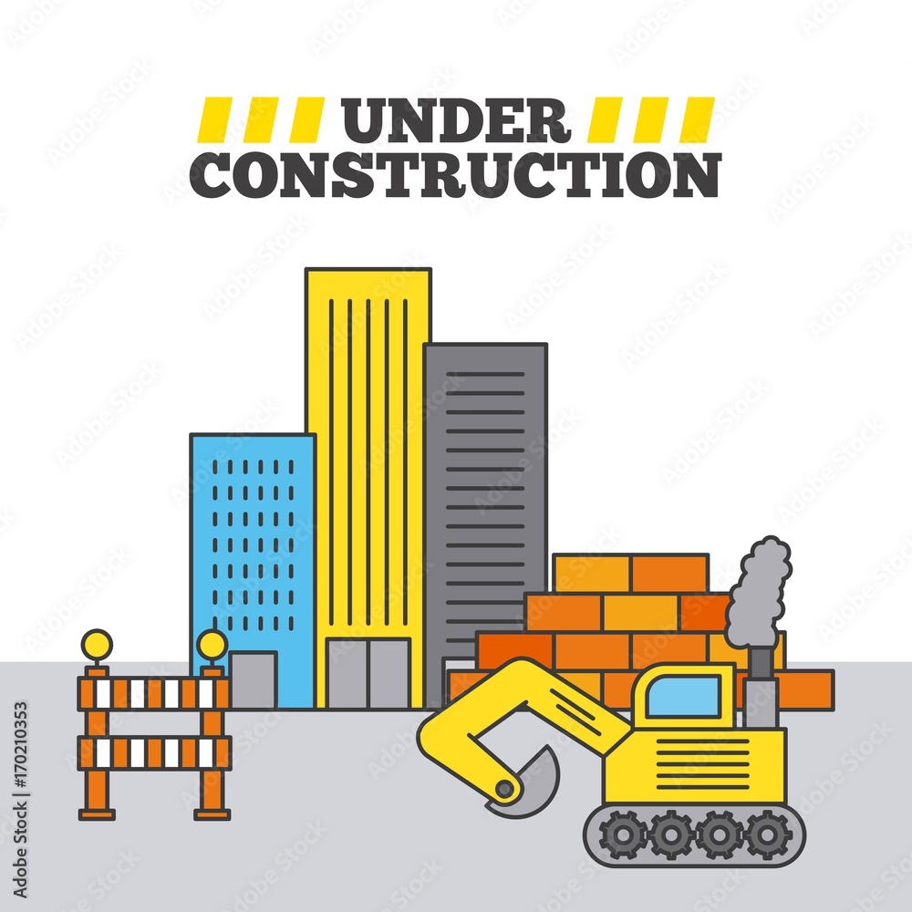 under construction building bulldozer wall brick barrier vector illustration