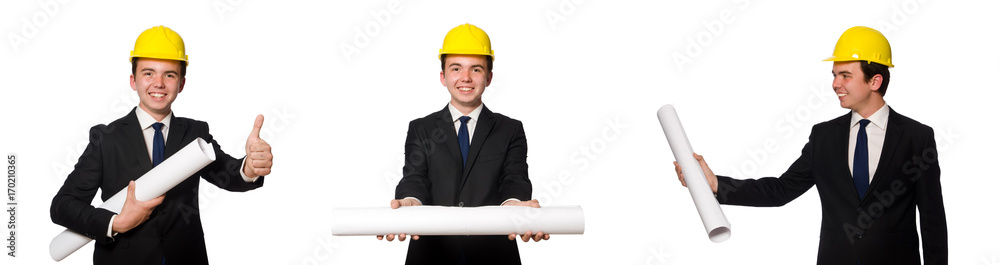 Funny architect with drawings on white Funny architect with drawings on white