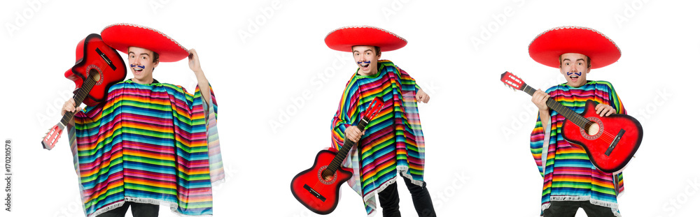 Funny young mexican with guitar isolated on white Funny young mexican with guitar isolated on white