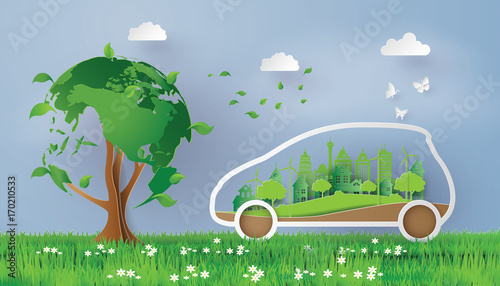 Eco Friendly Electric Car in Green Urban Landscape