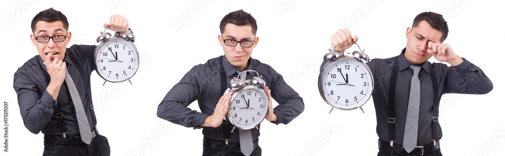 Funny businessman with clock isolated on white Funny businessman with clock isolated on white