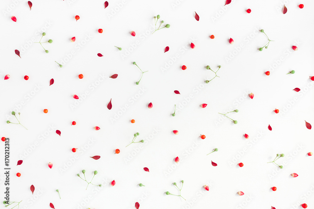 Autumn composition. Pattern made of rowan berries and autumn leaves on white background. Flat lay, top view