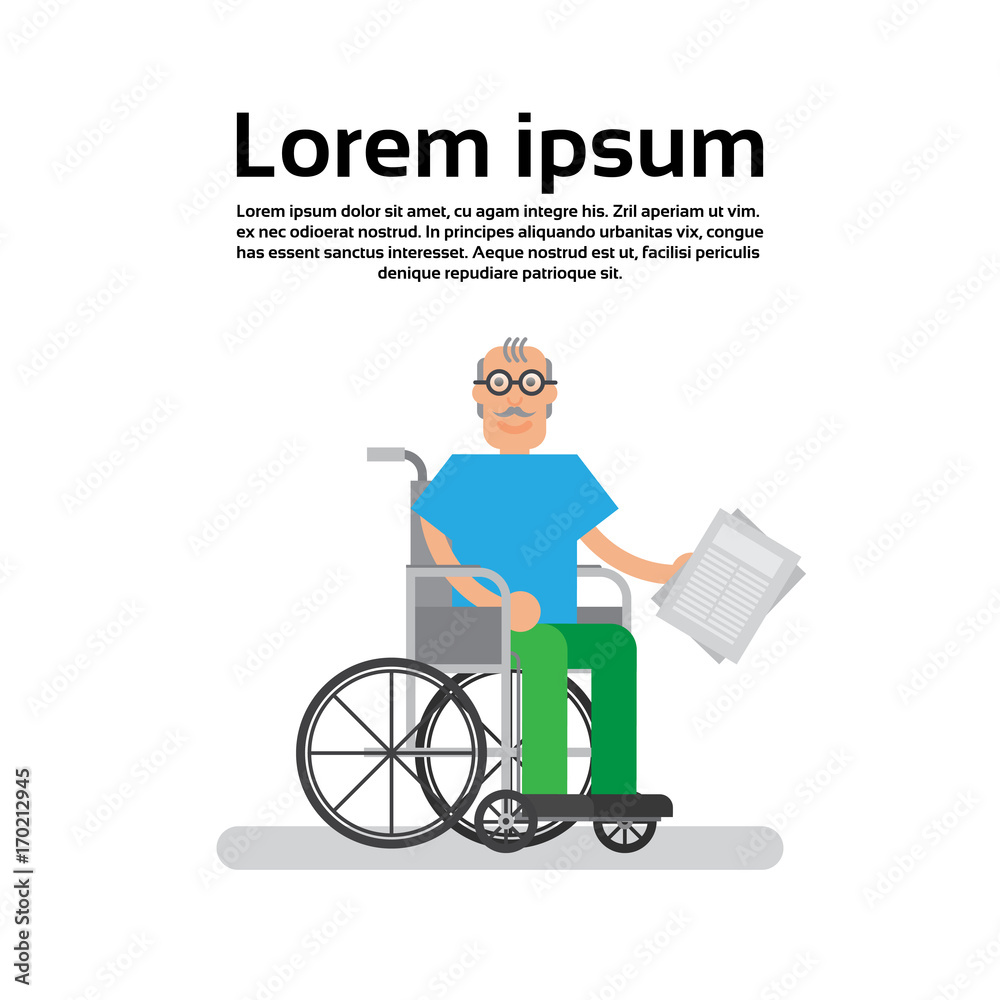 Fototapeta premium Starszy kobieta na wózku inwalidzkim Babcia Lady płaskie ilustracji wektorowych
