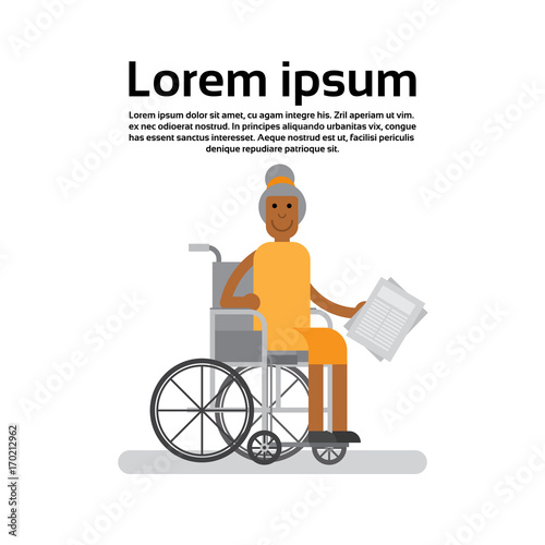 Senior African American Woman On Wheel Chair Grandmother Lady Flat Vector Illustration