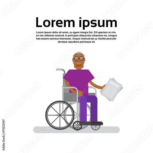 Senior African American Man On Wheel Chair Grandfather Flat Vector Illustration