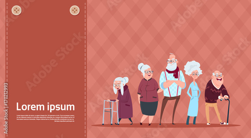 Group Of Senior People With Stick Modern Grandfather And Grandmother Full Length Flat Vector Illustration