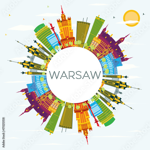 Warsaw Skyline with Color Buildings, Blue Sky and Copy Space.