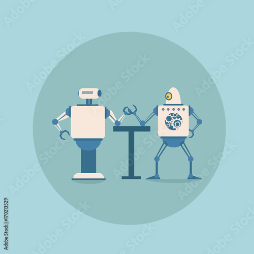 Modern Robots Playing Arm Wrestling Concept Futuristic Artificial Intelligence Mechanism Technology Flat Vector Illustration