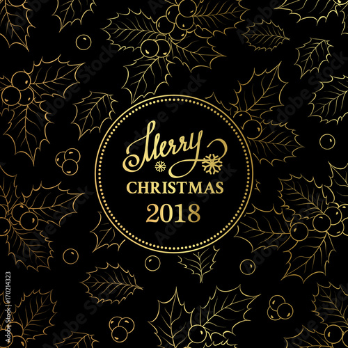 Merry christmas card with backdrop of misletoe wreath. Happy new year 2018. Christmas star frame. Vector illustration.