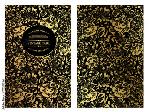 Vintage card design with gold floral pattern on the dark background. Blossom flowers for you personal cover. Dark theme with gold lines for invitation. Vector illustration.