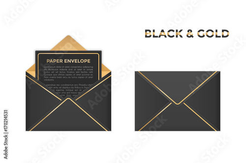 Vector isolated opened and closed black and gold envelopes