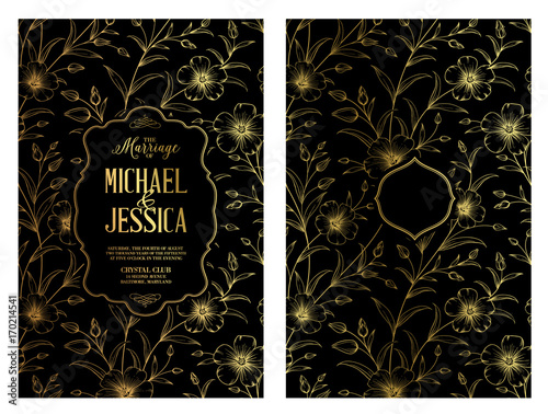 The marriage invitation card design for Michael and Jessica. Dark invitation with handmade floral elements in golden style. Botanical Wedding Collection. Vector illustration.