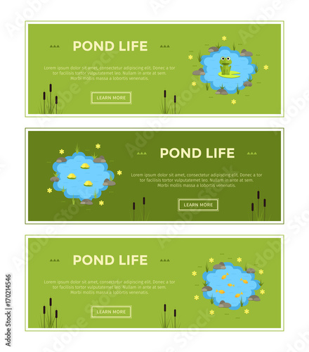 Cartoon vector garden pond advertisment banners with water, plants and animals.