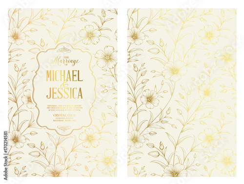 The marriage invitation card design for Michael and Jessica. Lihgt invitation with handmade floral elements in golden style. Botanical Wedding Collection. Vector illustration.