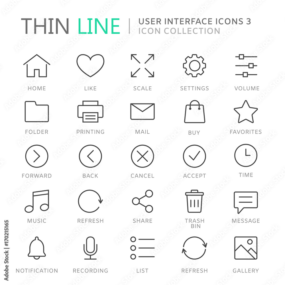 Collection of user interface thin line icons