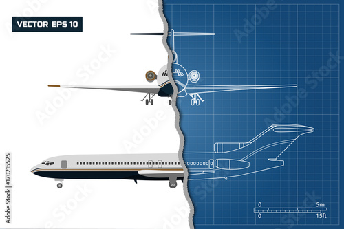 Outline drawing of plane on a blue background. Industrial blueprint of airplane. Side and front view. Vector illustration