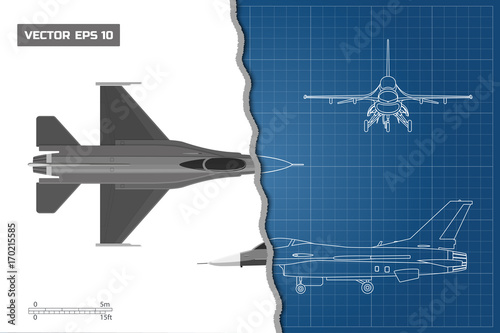 Drawing of military aircraft. Industrial blueprint. Top, side, front views. Fighter jet. War plane. Vector illustration.