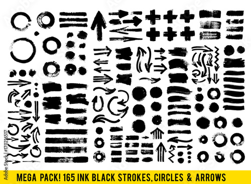 Vector Strokes. Abstract Backhground Set. Black Ink Paints, Dots and Arrows isolated on white background