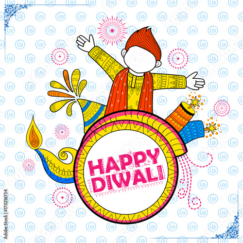 Kid celebrating happy Diwali Holiday doodle background for light festival of India