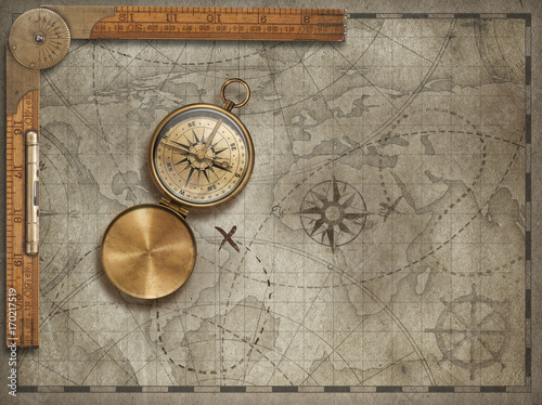 Old map background with compass and ruler. Adventure and travel concept. 3d illustration.