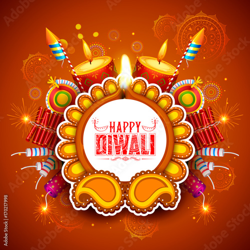 Burning diya on Happy Diwali Holiday background for light festival of India