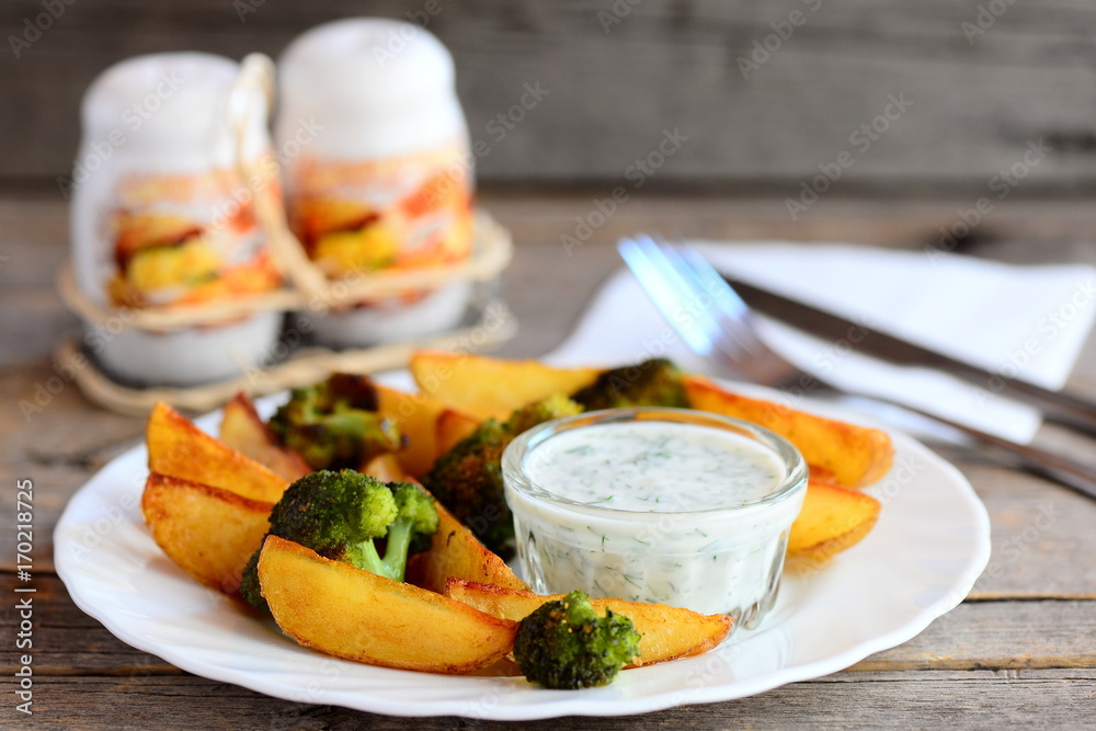 Fried potatoes slices and broccoli florets with dill sour cream sauce on a serving plate. Fork, knife, pepper and salt shaker on a wooden table. Rustic style. Closeup Fried potatoes slices and broccoli florets with dill sour cream sauce on a serving plate. Fork, knife, pepper and salt shaker on a wooden table. Rustic style. Closeup