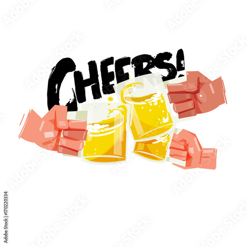 Hand with three full beer cups. Happy friends clinking with beer mugs come with typographic. cheers concept - vector illustration