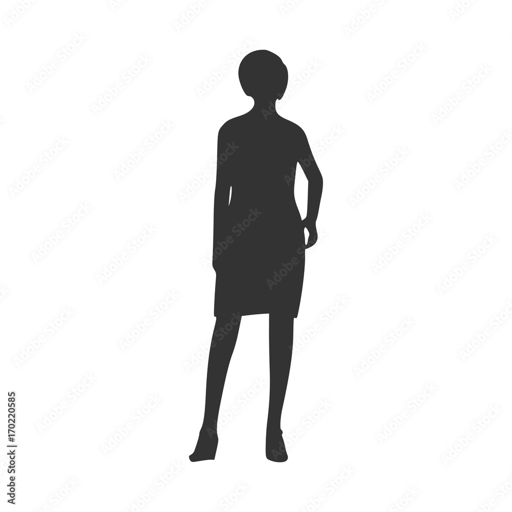 Business Woman in Short Dress. Black Silhouette Standing Full Length Over White Background. Vector Illustration. Front View Business Woman in Short Dress. Black Silhouette Standing Full Length Over White Background. Vector Illustration. Front View