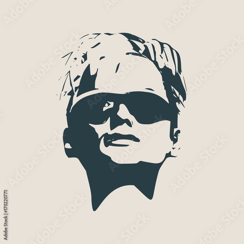 Portrait of beautiful woman in black sunglasses. Short hair. Vector version. Front view