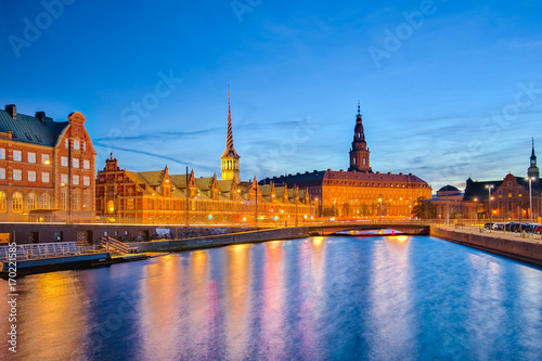 Copenhagen Cityscape with Christiansborg Palace at night in Copenhagen, Denmark