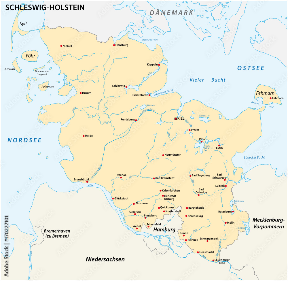 Map of the state Schleswig-Holstein with the most important cities