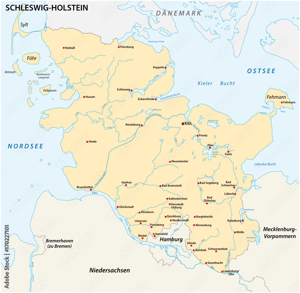 Obraz premium Map of the state Schleswig-Holstein with the most important cities
