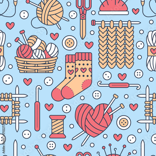 Knitting, crochet seamless pattern. Cute vector flat line illustration of hand made equipment knitting needle, hook, wool, cotton skeins. Colored background for yarn tailor store. Knitted with love.